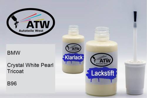 BMW, Crystal White Pearl Tricoat, B96: 20ml Lackstift + 20ml Klarlack - Set, von ATW Autoteile West.